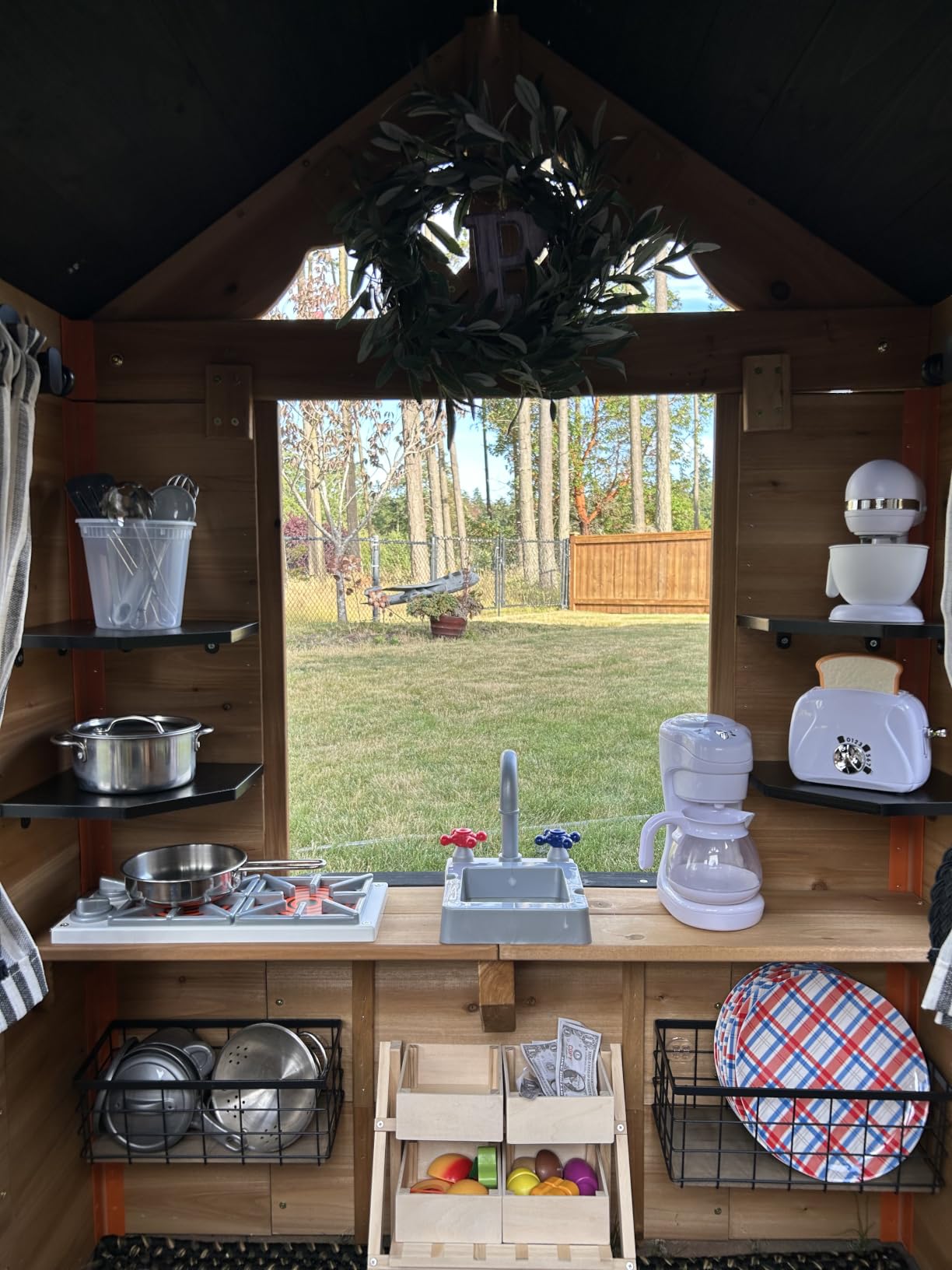 Backyard Discovery Sweetwater White Cedar Wooden Kids Playhouse Cottage with Play Kitchen, Snack Bar, Half Door, Toy Phone, Windows, Flowerpot Holders, Working Doorbell for Outdoor Imaginative Play customer photo 2