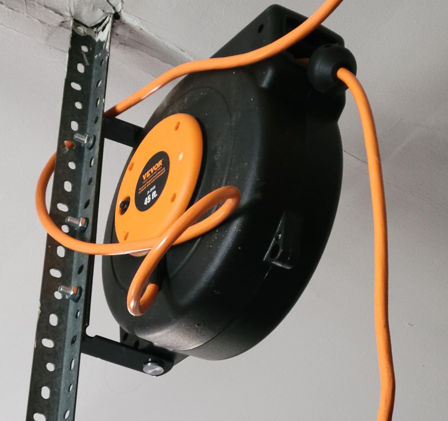 VEVOR 45FT Retractable Extension Cord Reel, Heavy Duty 12AWG/3C SJTOW Cord | 15A Circuit Breaker, with Lighted Triple Tap Outlet, 180° Swivel Bracket, Ceiling or Wall Mount for Garage, Workshop, Orange customer photo 1