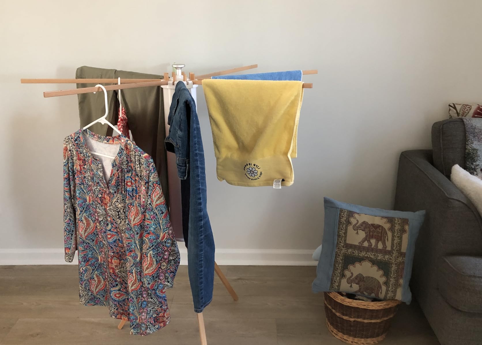 JOOM Clothes Drying Rack, Clothing Stand, Foldable Laundry Drying Rack with Wooden Rods, Portable Tripod Base for Apartments, Balconies, RVs, Camping customer photo 2