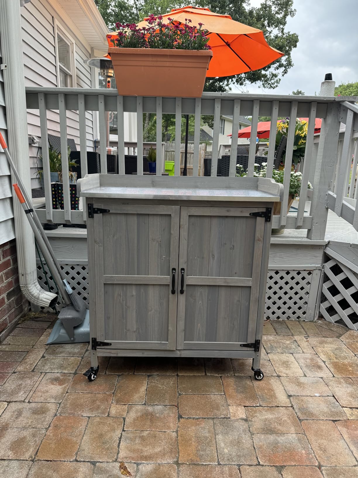 Topeakmart Potting Bench for Outside with Storage Cabinet & Metal Top,Brown | Outdoor potting table for patios, backyards and farm stands, with flexible workspace, removable shelf and garden storage area customer photo 1