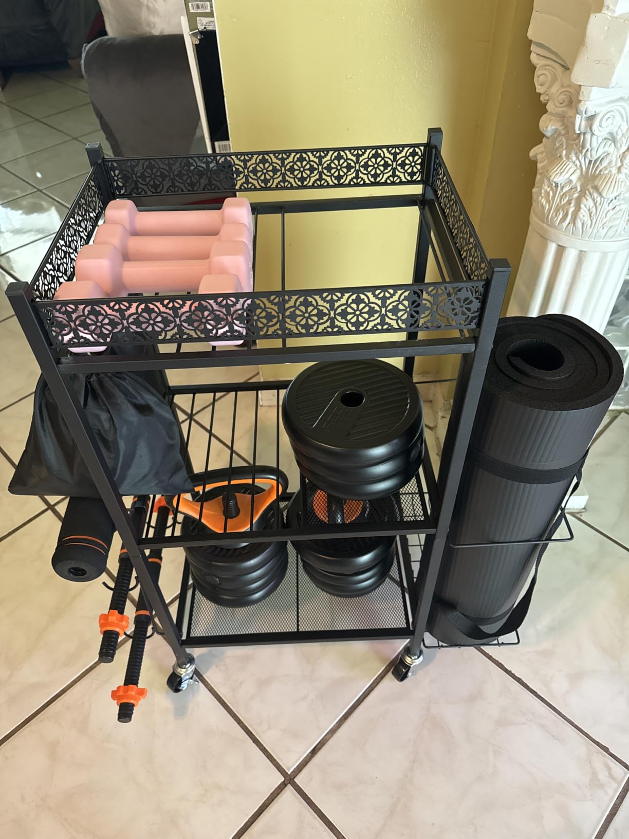 VOPEAK Home Gym Storage Rack, 3-Tier Yoga Mat Storage with Wheels & Hooks | 200 lbs steel rack with lockable casters & side hooks. 3-tier fits yoga mats & dumbbells - 10-min assembly customer photo 1
