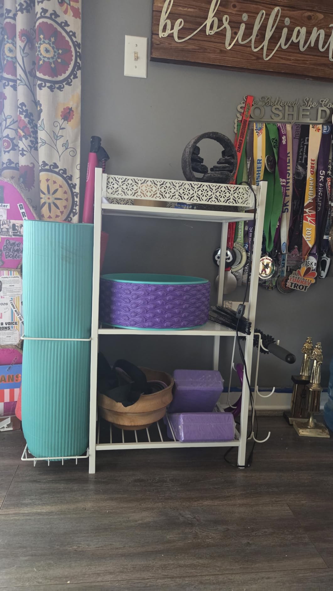 VOPEAK Home Gym Storage Rack, 3-Tier Yoga Mat Storage with Wheels & Hooks | 200 lbs steel rack with lockable casters & side hooks. 3-tier fits yoga mats & dumbbells - 10-min assembly customer photo 2