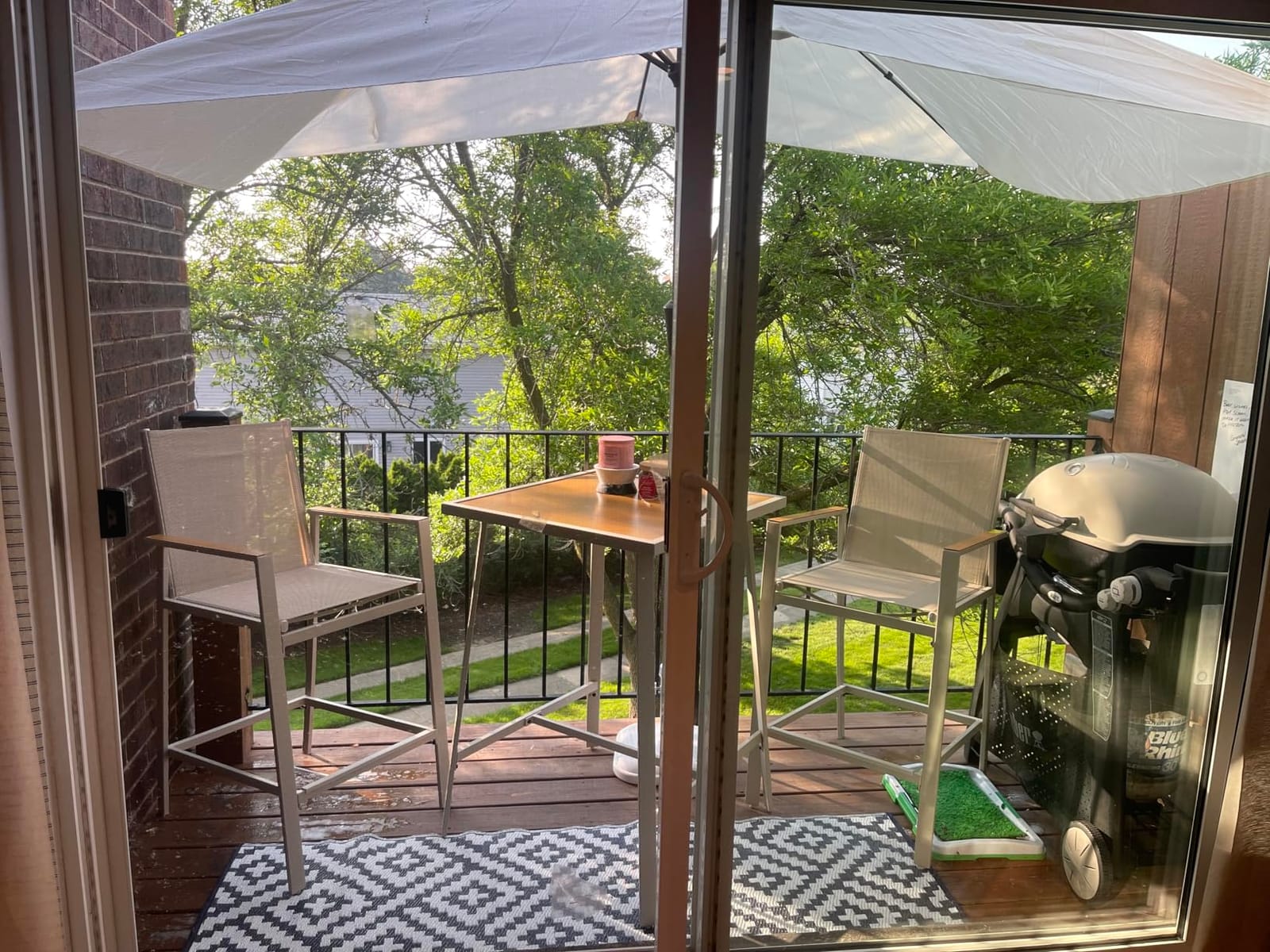 3-Piece Patio Bar Set, All Weather Textilene Bar Height Table and Chairs Set with Wood Like-Top Table, Metal Counter Height Bar Stools and Table Set for Garden, Deck, Balcony customer photo 1