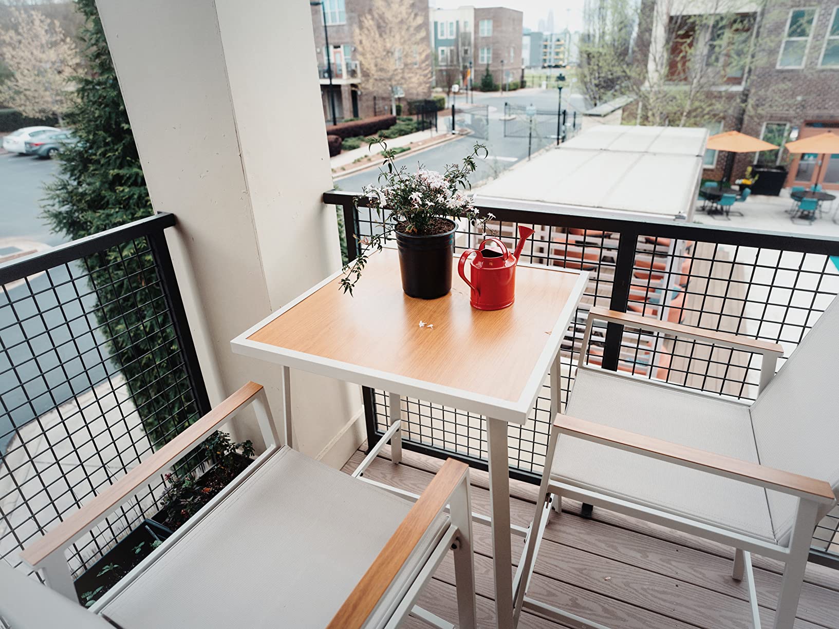 3-Piece Patio Bar Set, All Weather Textilene Bar Height Table and Chairs Set with Wood Like-Top Table, Metal Counter Height Bar Stools and Table Set for Garden, Deck, Balcony customer photo 2