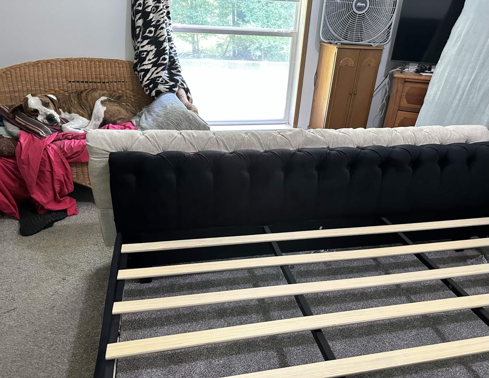 AMERLIFE King Size Upholstered Sleigh Platform Bed Frame with Headboard | Bed Frame with Wingback Headboard, Deep Button Tufted, Wood Slats Support, No Box Spring Needed, Cream Chenille customer photo 2