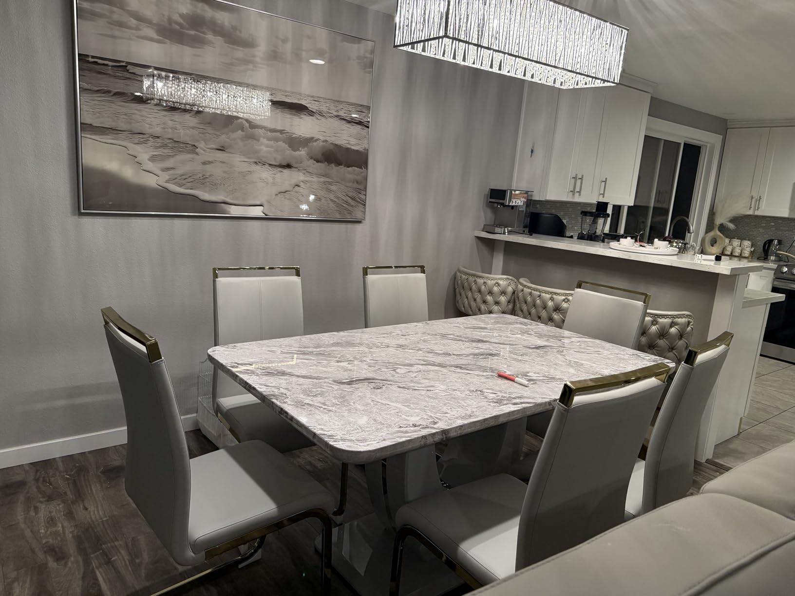 JUFU 7 Piece Dining Table Set for 6, 63 Inch Faux Marble Rectangular Kitchen Table and Chairs Set, Modern Dining Room Table Set with U-Shaped Pedestal Base & 6 Light Gray PU Leather Cantilever Chairs customer photo 1