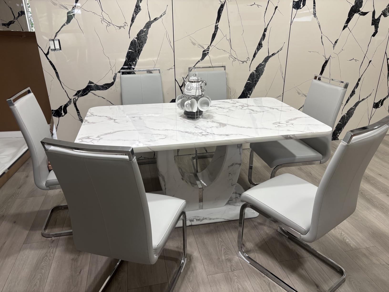 JUFU 7 Piece Dining Table Set for 6, 63 Inch Faux Marble Rectangular Kitchen Table and Chairs Set, Modern Dining Room Table Set with U-Shaped Pedestal Base & 6 Light Gray PU Leather Cantilever Chairs customer photo 2