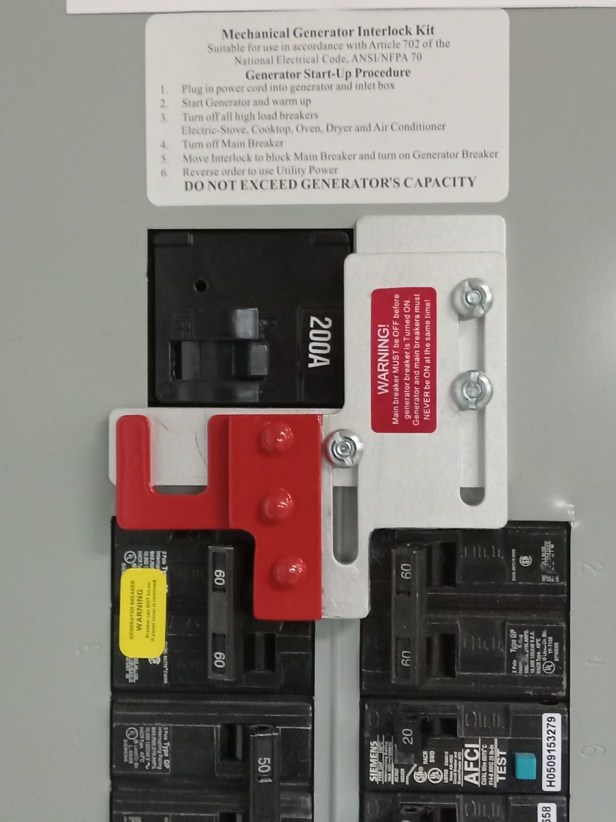 Generator Interlock Kit Compatible with Siemens Murray 150 or 200 Amp Panel | 7/8-1 1/4