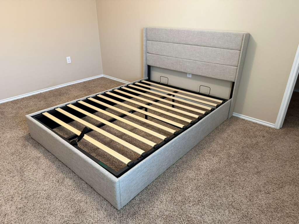 Allewie King Size Lift Up Hydraulic Storage Bed Frame Light Beige | Modern Wingback Headboard, Hydraulic Support Storage, No Box Spring Needed customer photo 2