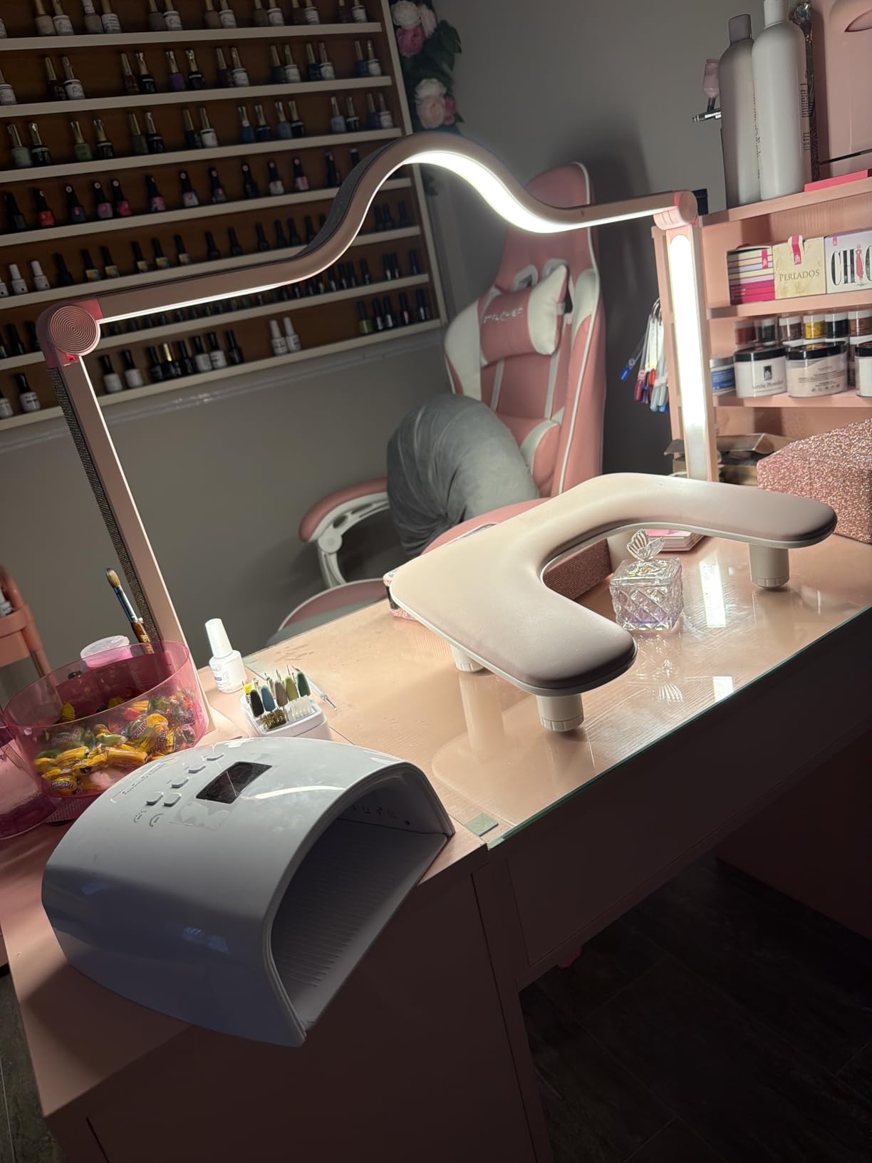 OmySalon Manicure Table Nail Desk for Nail Tech w/Glass Top & Wrist Rest, Beauty Salon Nail Supplies Decor Workstation Acetone Resistant w/3 Side Cabinet+3 Drawers+3 Layers Open Cabinet+1 Open Drawer customer photo 1