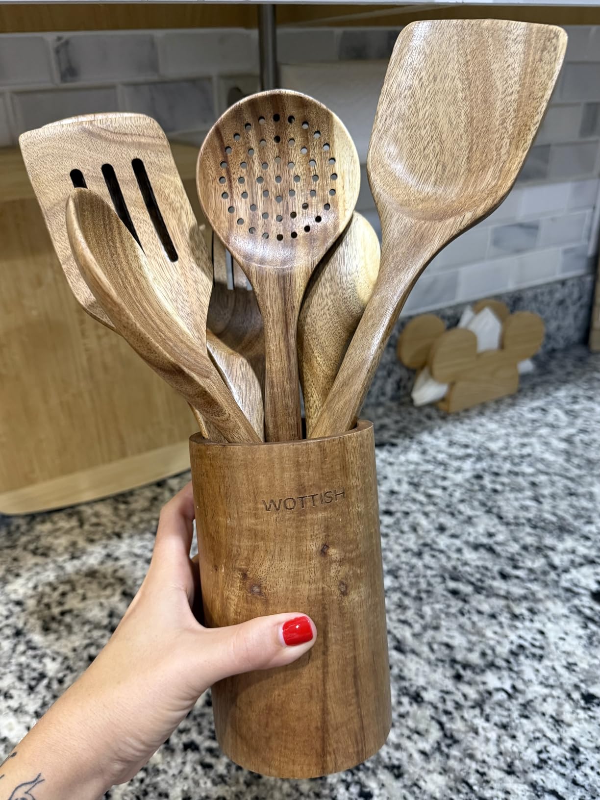 Wooden Spoons for Cooking - 8-Piece Wooden Kitchen Utensil Set made of Natural Solid Wood Material - Includes Spoons, Spatulas, Ladles, Mixing Spoon and Utensil Holder customer photo 2