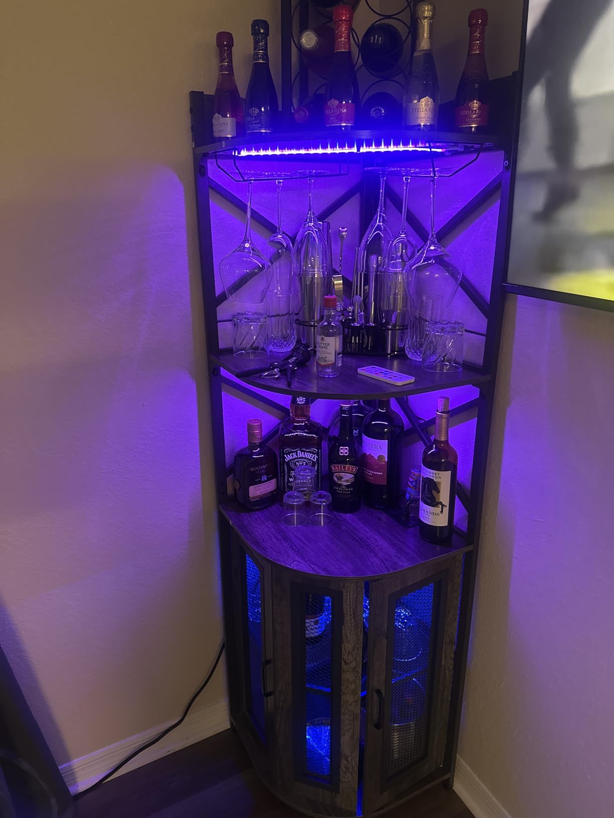 Aheaplus Corner Bar Cabinet with Power Outlet, Industrial Liquor Cabinet | 5-Tiers Wine Cabinet Mini Bar Unit with LED Strip and Glass Holder for Home customer photo 1