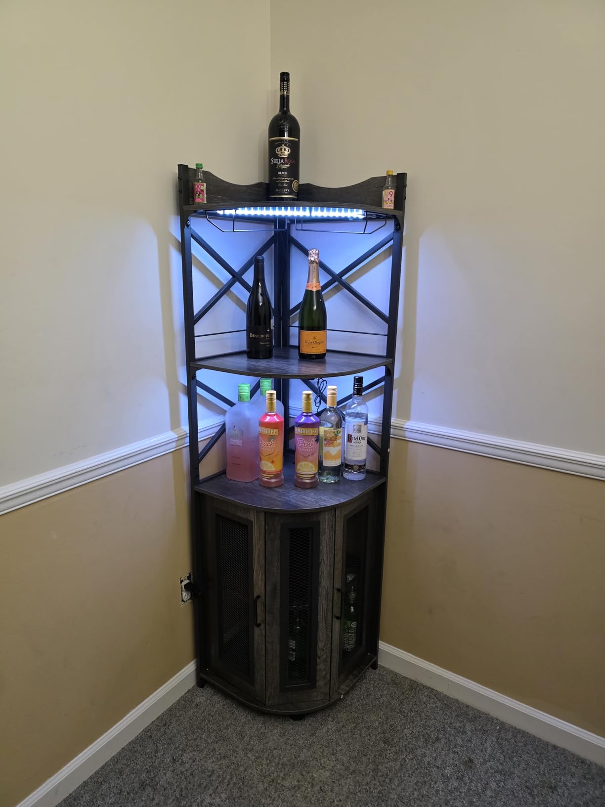 Aheaplus Corner Bar Cabinet with Power Outlet, Industrial Liquor Cabinet | 5-Tiers Wine Cabinet Mini Bar Unit with LED Strip and Glass Holder for Home customer photo 2