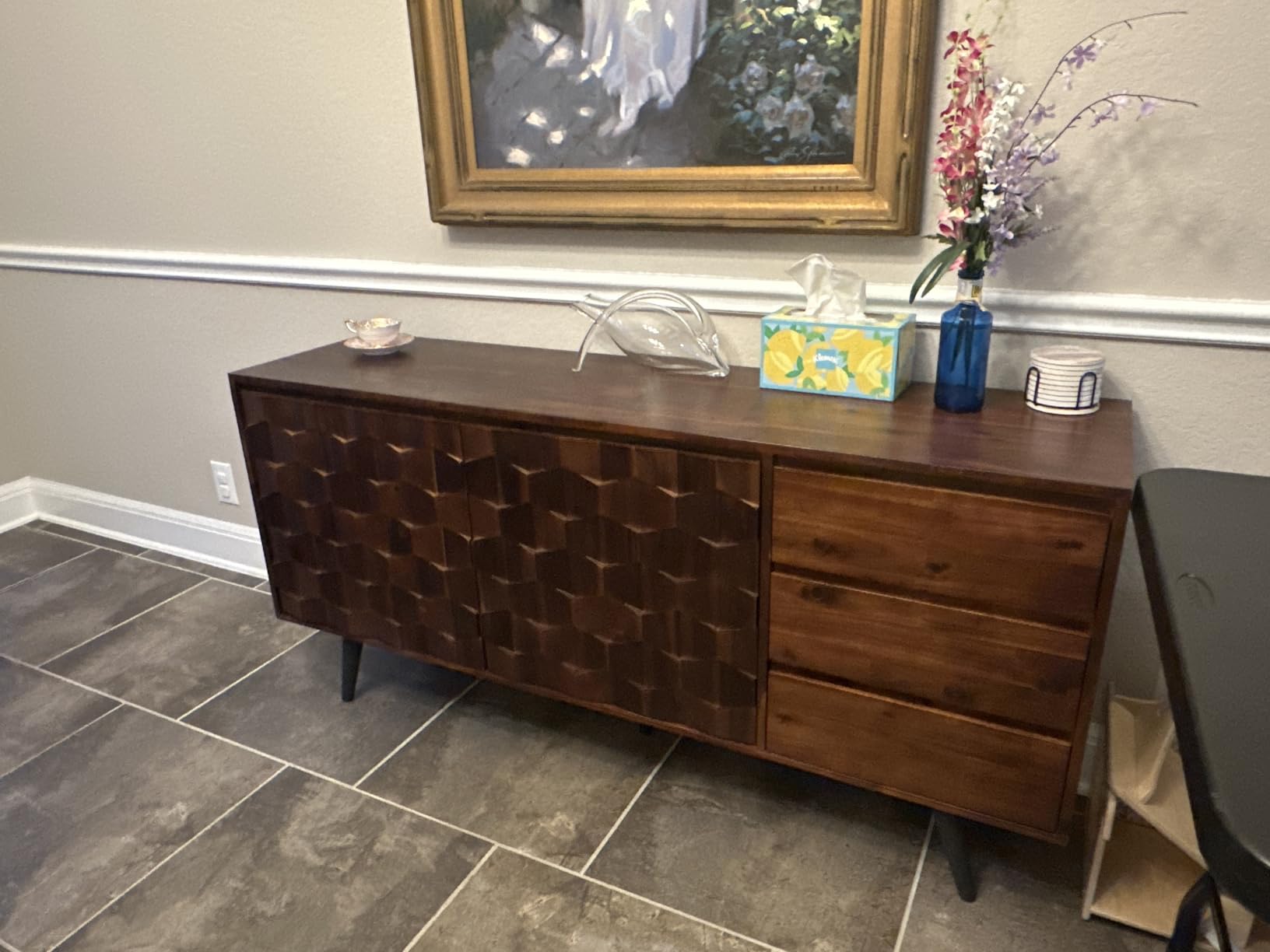 Bme Sideboard Georgina Solid Wood 2 Doors & 3 Drawers, 61'' Mid Century Modern Cabinet with Geometric Pattern for Kitchen, Dining, Living Room customer photo 2