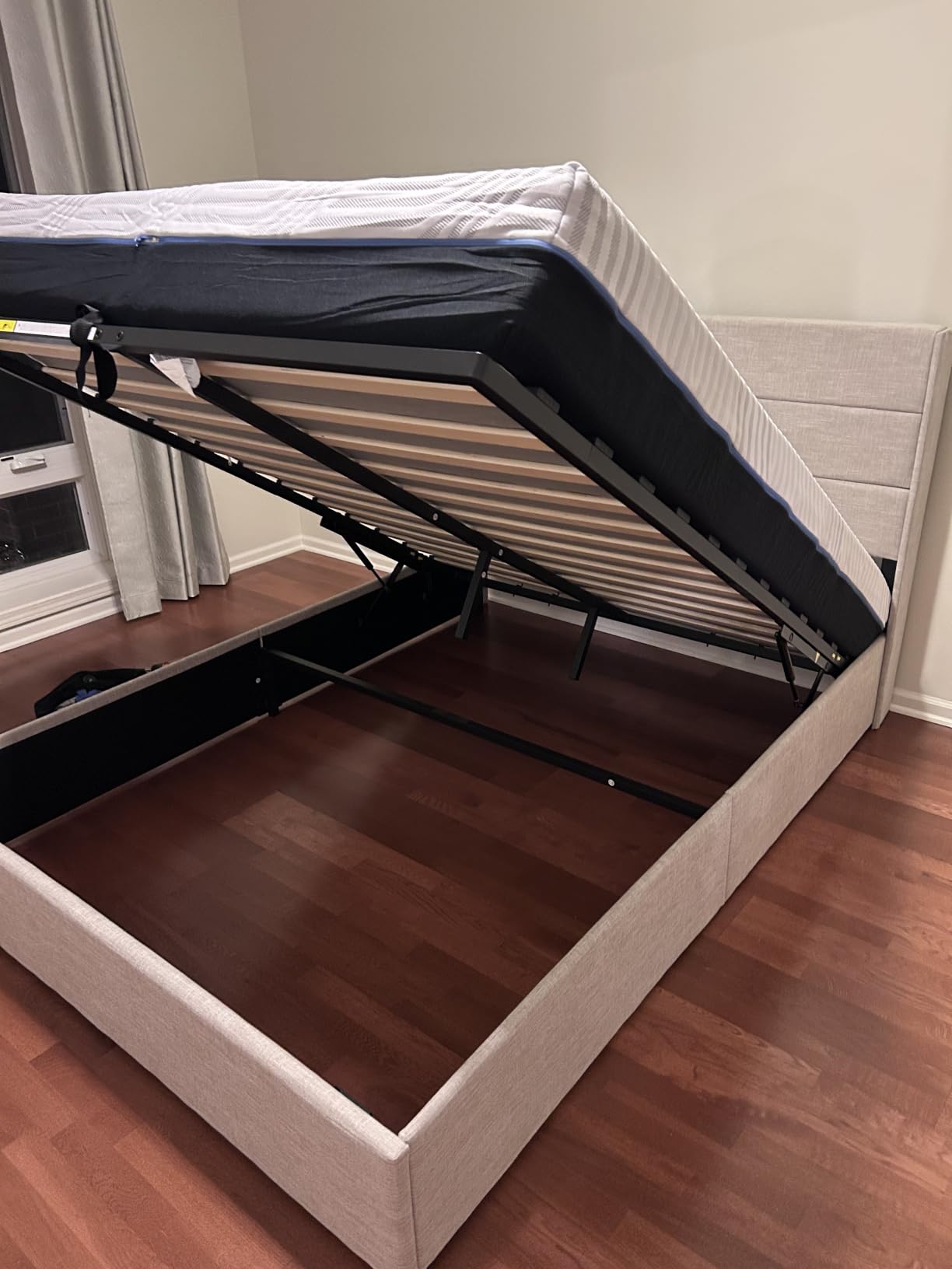 Allewie Queen Size Lift Up Hydraulic Storage Bed Frame Light Beige | Modern Wingback Headboard, Hydraulic Support Storage, No Box Spring Needed customer photo 1