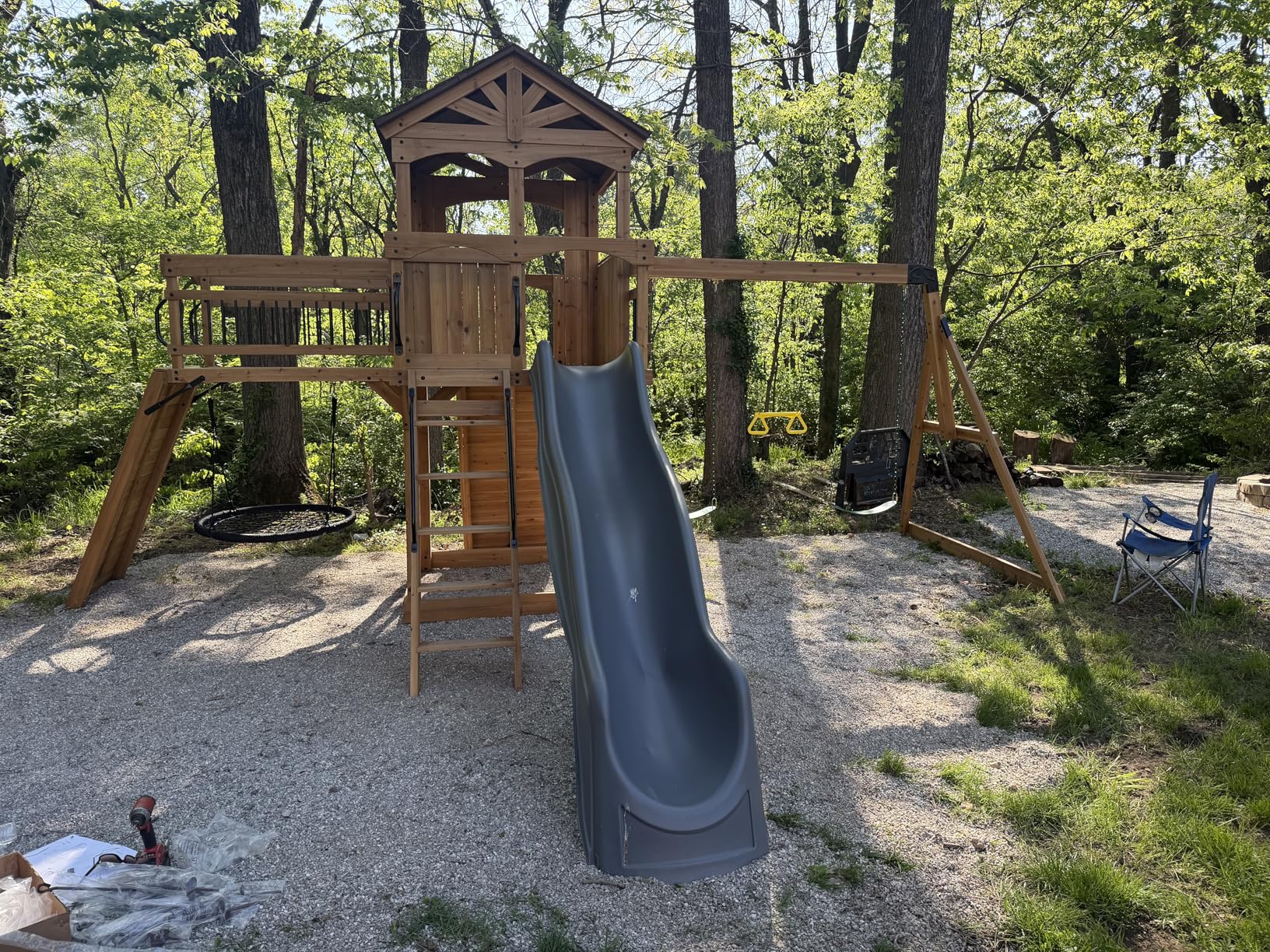 Backyard Discovery Sterling Point Cedar Wood Swing Set with Wave Slide, Raised Clubhouse, Wooden Bridge, Rock Wall, Belt Swings, Web Swing, Trapeze, Balcony, Climbing Wall, Ladder, Outdoor Playset customer photo 2