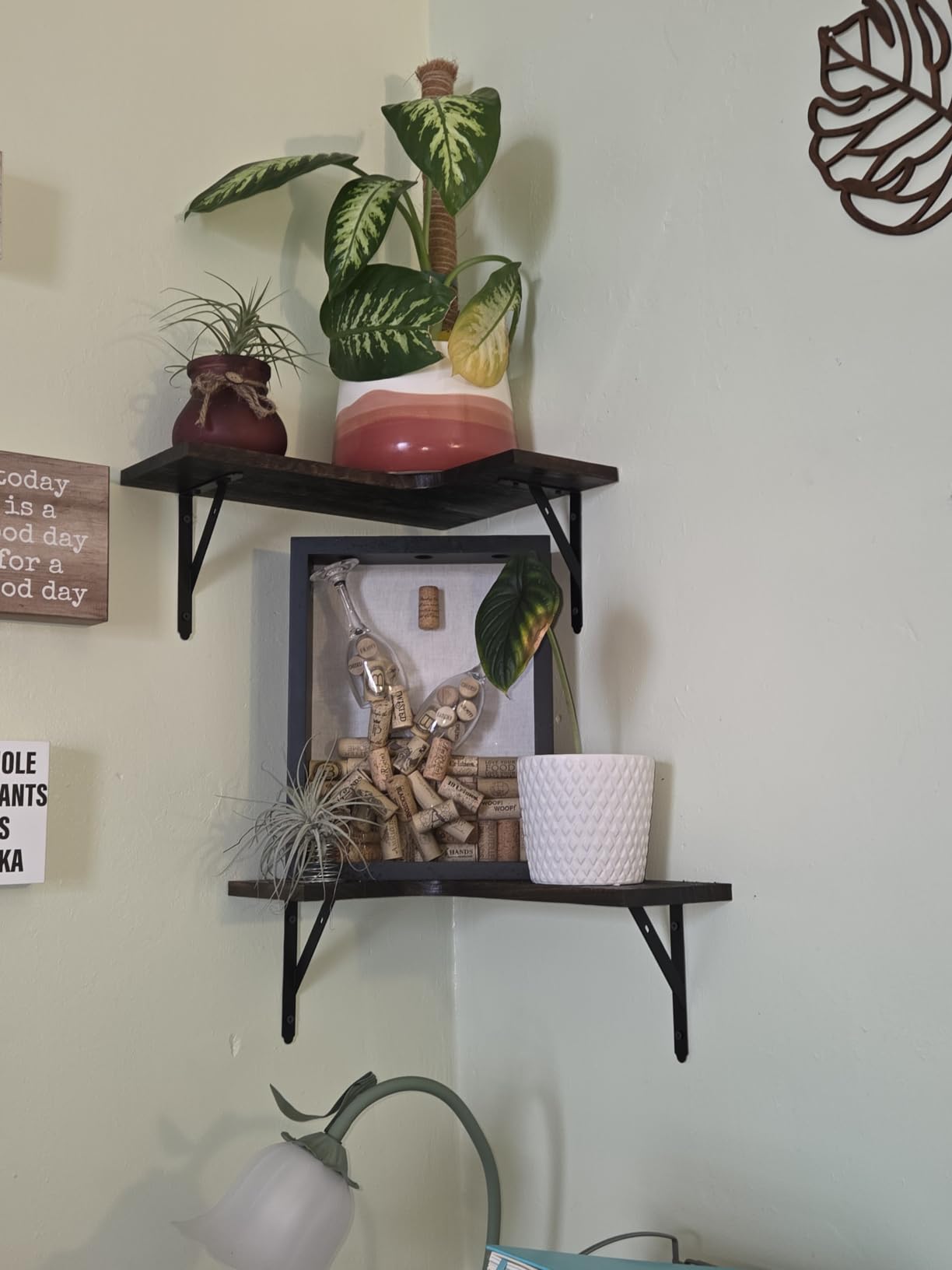 ROMGUAR CRAFT Corner Floating Shelves Wall Mounted Set of 4, Rustic Wood Storage Display Shelves for Home Decor, Bathroom, Kitchen, Bedroom, Living Room, Office (Black) customer photo 2