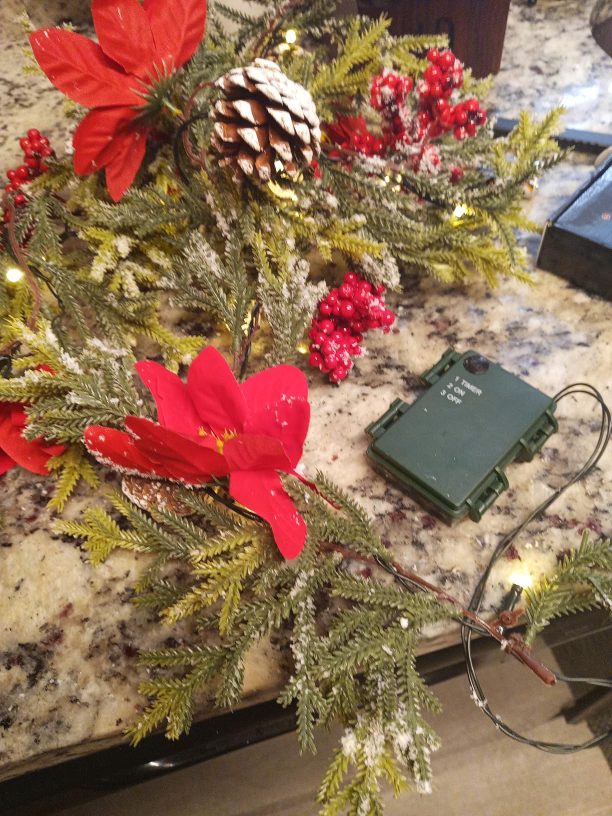 Juegoal 2 Pack Christmas Garland, 9' Pre-lit Artificial Xmas Flocked Garlands, Lighted Poinsettia Spruce Timer & Battery Operated with Lights customer photo 2