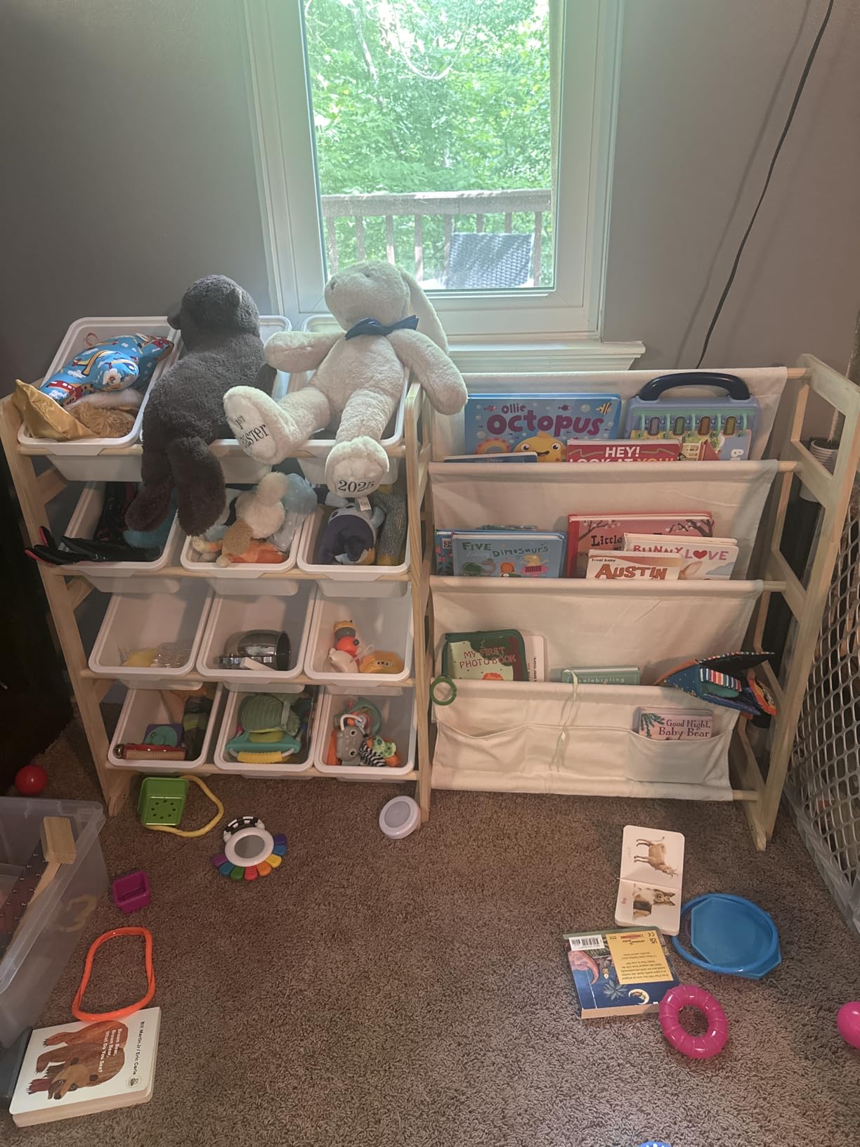 EXPERLAM Toy Storage Organizer with Bookshelf, Kids Toy Organizer and Storage Shelf with 12 White Bins, Solid Pine Wood Book Rack for Playroom, Nursery, Kids Room, Toys and Books customer photo 2