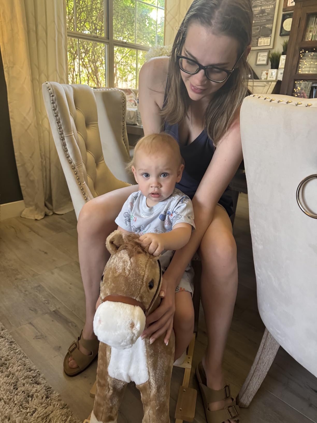 Qaba Rocking Horse Plush Animal on Wooden Rockers, Baby Rocking Chair with Sounds, Moving Mouth, Wagging Tail, Brown customer photo 1