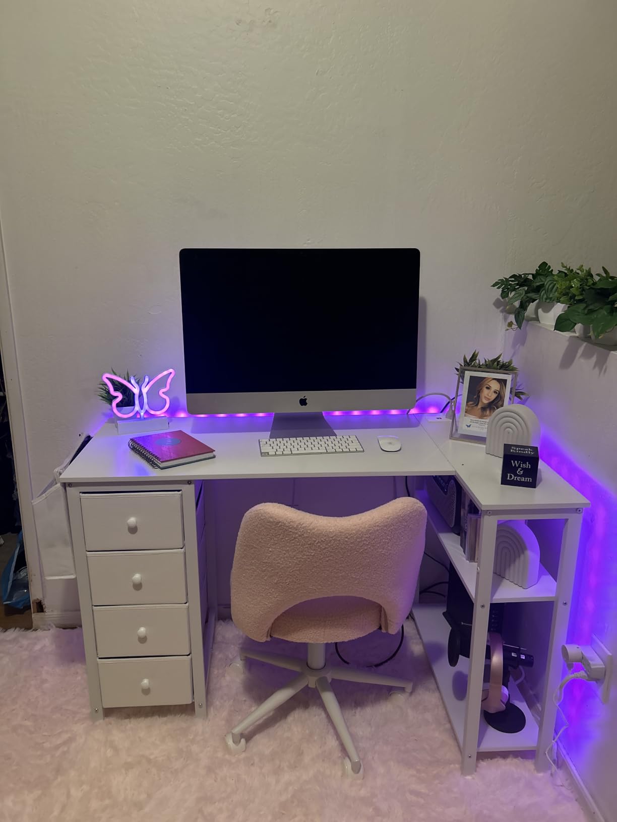 Lufeiya White L Shaped Computer Desk with Drawers & Storage Shelves, 47 Inch Corner Reversible Desk with Power Outlet for Home Office Bedroom, L-Shaped Teen PC Desks with Fabric Drawer, White customer photo 2