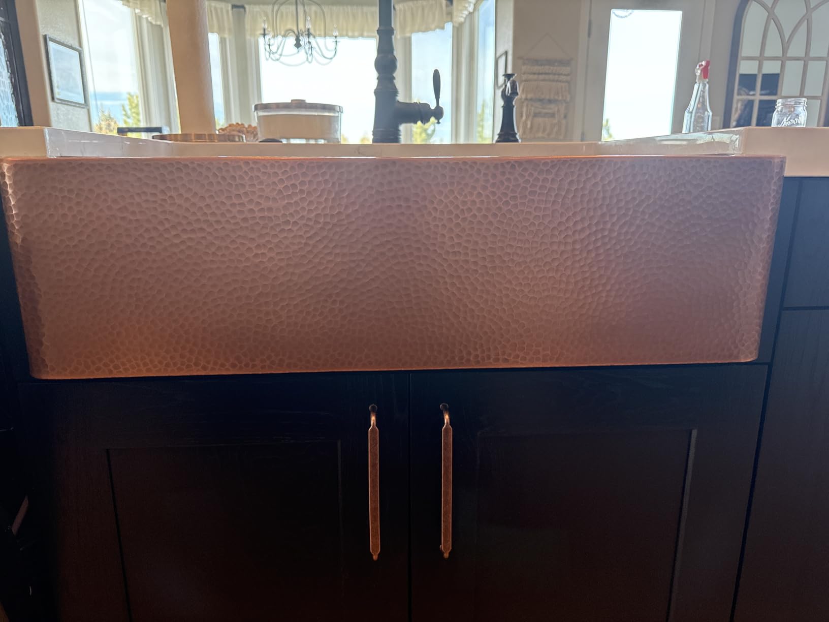 Sinkology Lange 32 in Copper Farmhouse Sink, Apron Front Single Bowl | Hand-hammered 17-gauge solid copper, antique copper patina, fits 36 in cabinet, undermount apron install customer photo 2