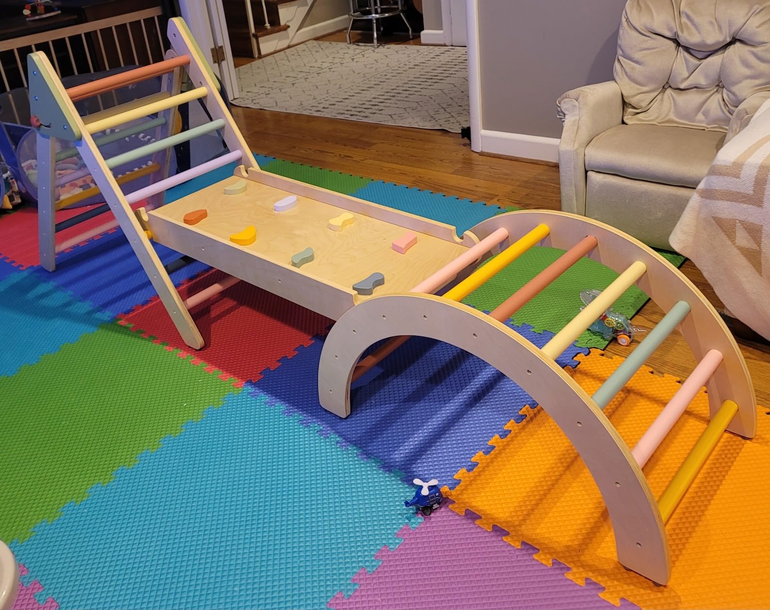 LOL-FUN Pikler Triangle Set with Slide for Toddler 1-3, Montessori Climbing Toys for 1 Year Old, Toddler Climbing Toys Indoor Pickler Climbing Set, Foldable Wooden Climber Jungle Gym for Kids customer photo 1