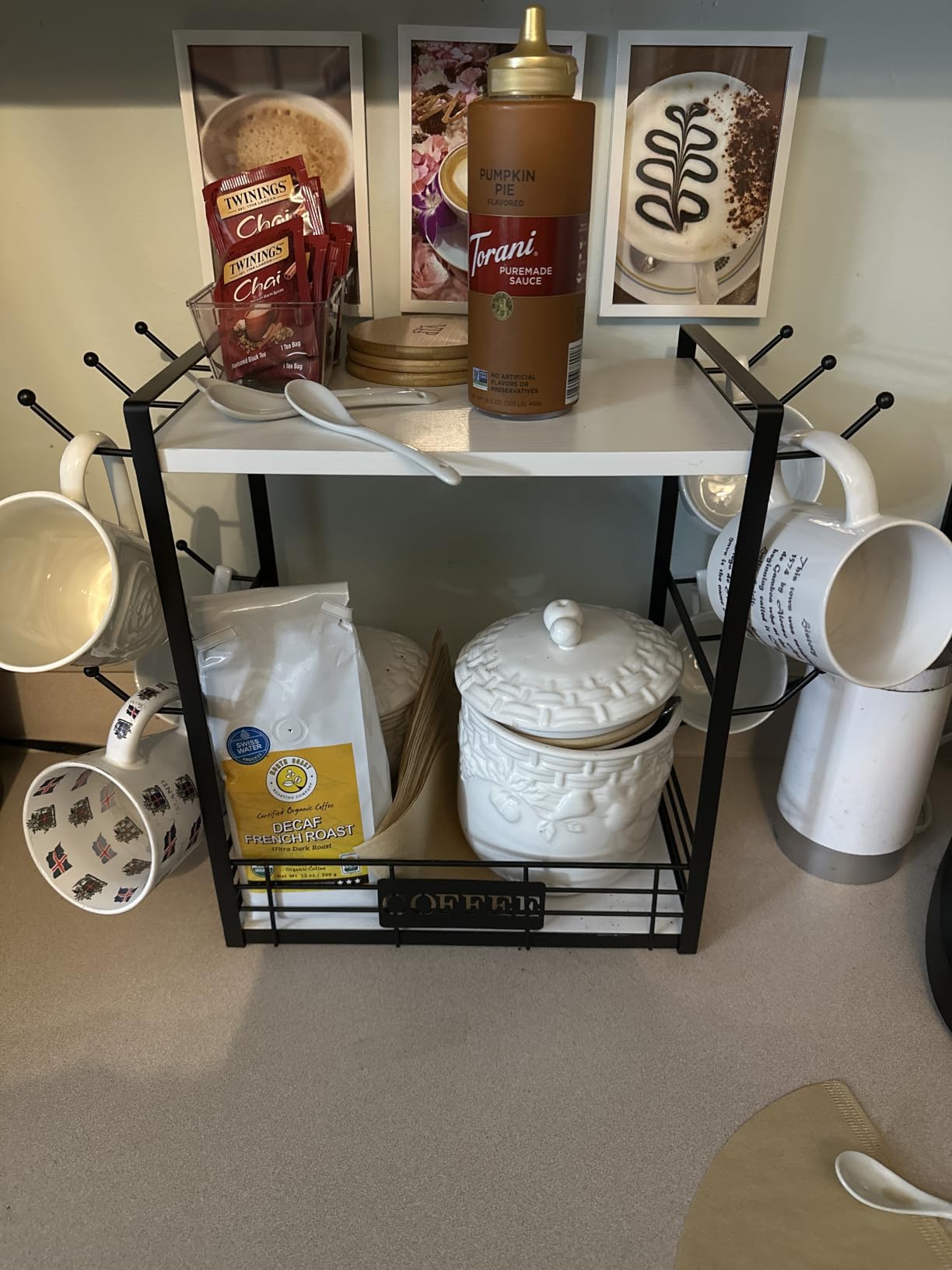 EsLuker.ly Coffee Mug Cup Holder Tree Bar Station Organizer, 2 Tier Mug Stand Rack for Countertop Kitchen, Storage Tower Display Shelf with 12 Hooks, Coffee Nook Enhancer, Vintage Brown Black customer photo 1