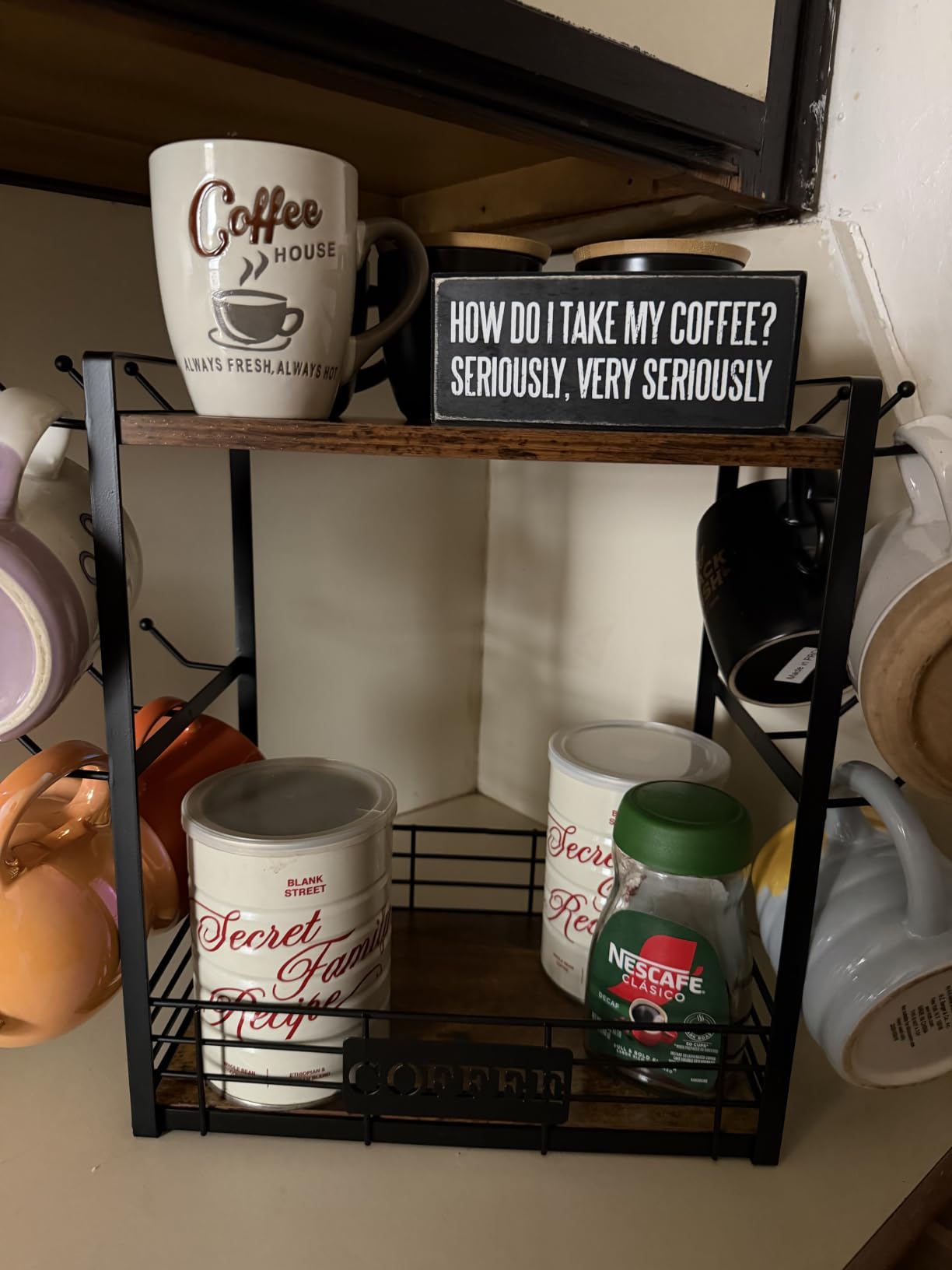 EsLuker.ly Coffee Mug Cup Holder Tree Bar Station Organizer, 2 Tier Mug Stand Rack for Countertop Kitchen, Storage Tower Display Shelf with 12 Hooks, Coffee Nook Enhancer, Vintage Brown Black customer photo 2