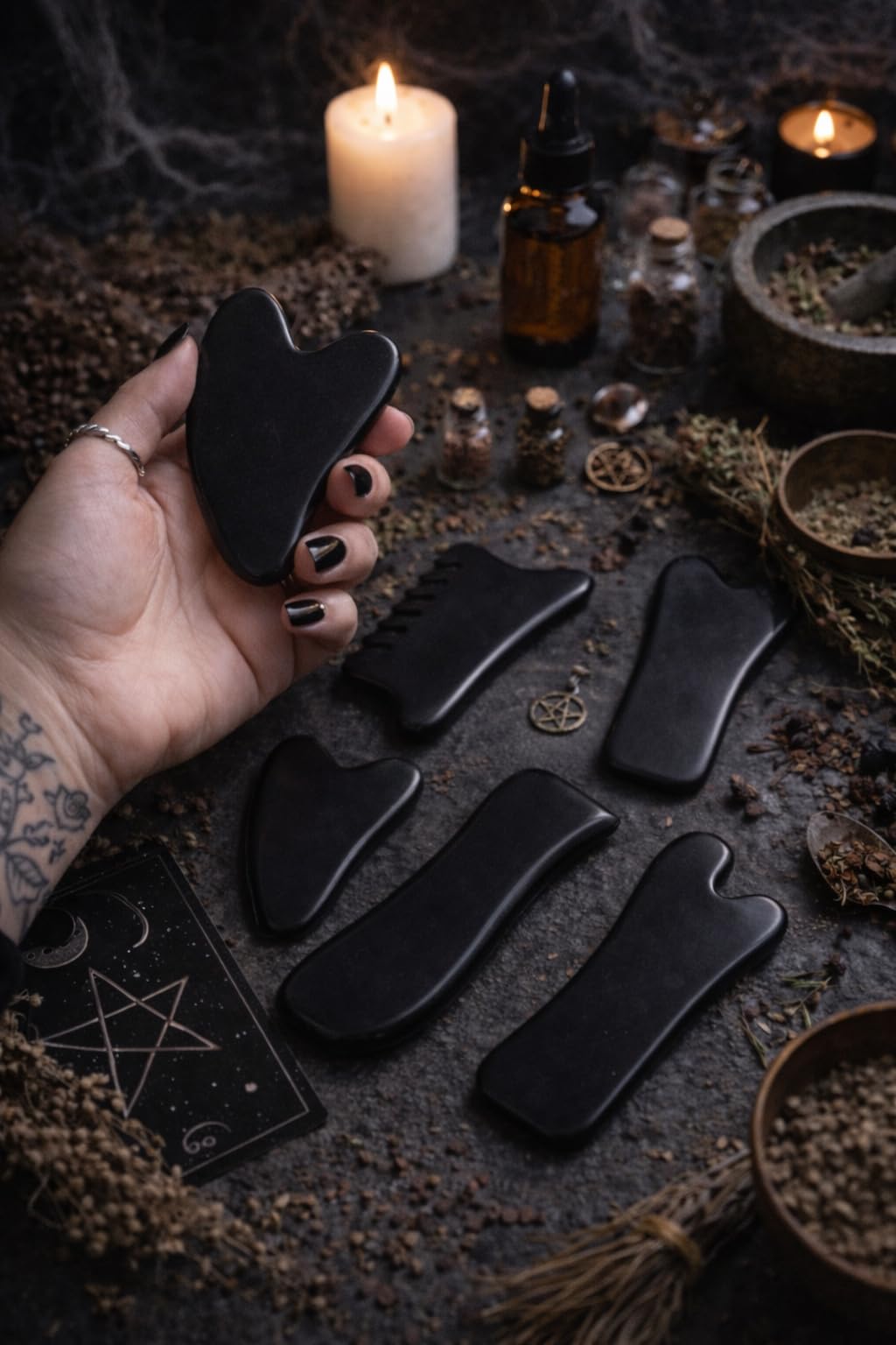 Treela 5 Pcs Gua Sha Facial Tools Set and 1 Pcs Body Gua Sha Massage Tool with Handle for Face Back Neck Leg Body Scraping Massage Board Guasha Comb (Jade, Resin, Black) customer photo 1