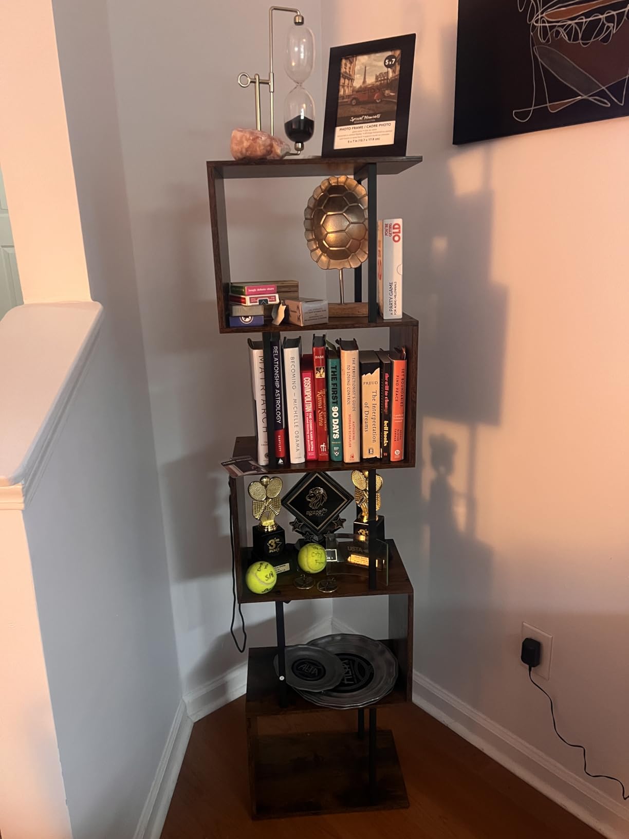 Furologee 6 Tier Bookshelf, Tall S Shaped Geometric Bookcase, Modern Display Shelf Standing Unit, Wood Metal Decorative Divider Rack for Living Room Bedroom Office, Rustic Brown customer photo 1