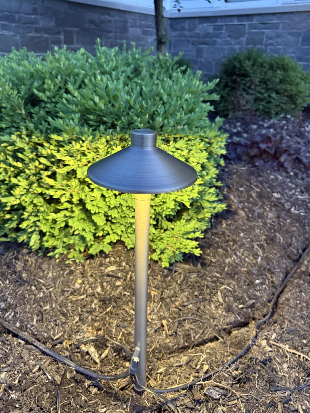 Gardencoin Solid Brass Low Voltage Pathway Lights (6.7'' Shade, 21.9'' Tall), 12V AC/DC Heavy Duty LED Landscape Path Lights Outdoor Wired, Antique Bronze Walkway Lights with Larger Stake, 4-Pack customer photo 1