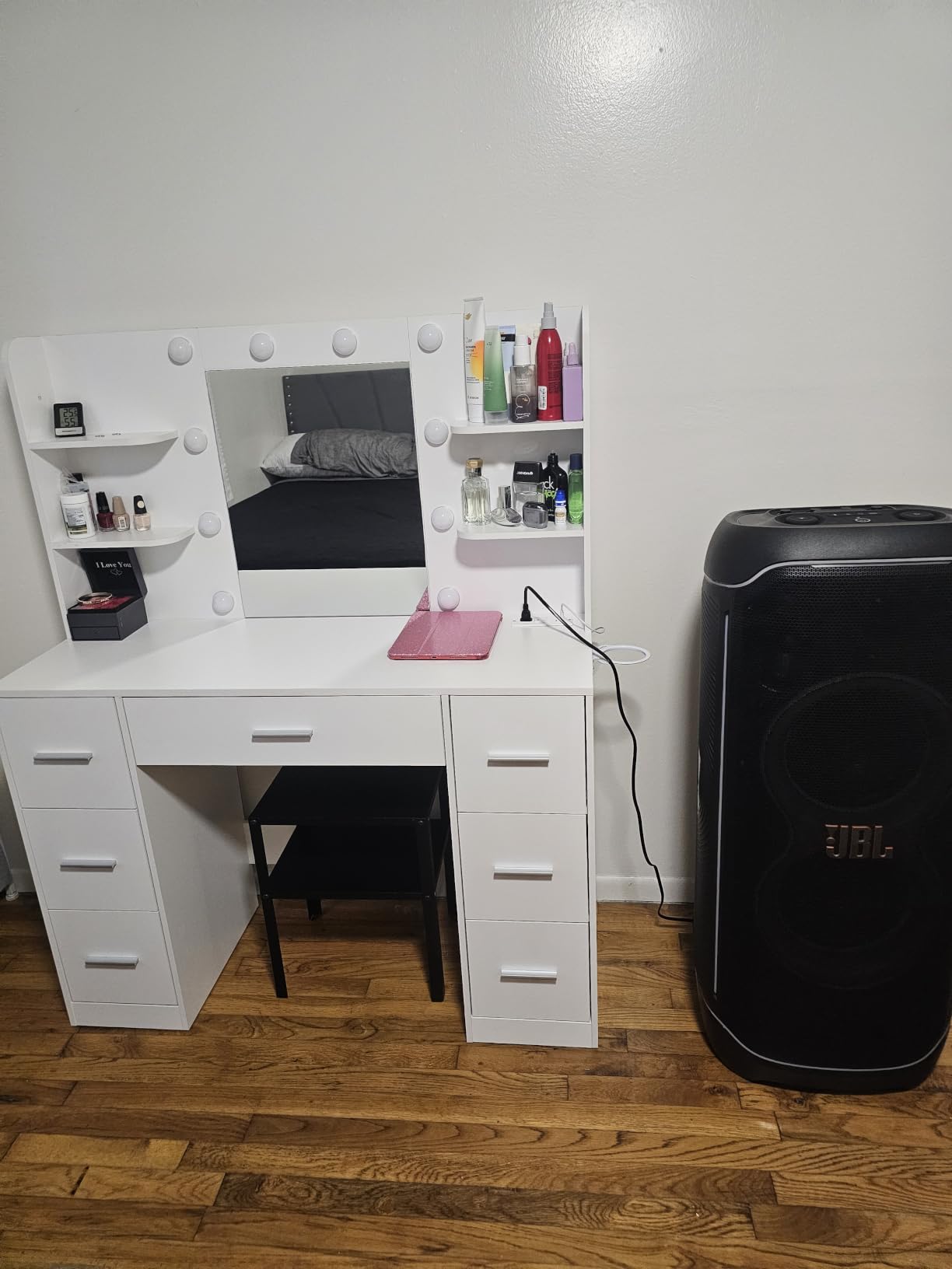 YESHOMY Vanity Desk with Mirror, Outlet, 10 Lights & 7 Drawers, Pure White | Lighted Mirror with 3 Color Modes, Makeup Table, Large Storage Capacity, Available for bedroom customer photo 2