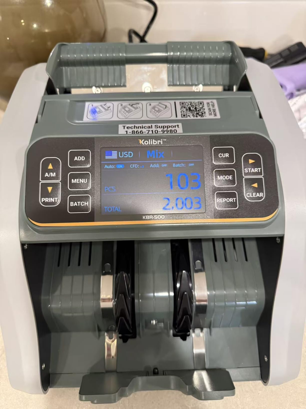 Kolibri KBR-500 Money Counter Machine LCD Display Business Grade Advanced IR/UV/MG/MT/DD/HLF Detection Mixed Denomination Multi-Currency Back Loading 3-Years Warranty customer photo 1