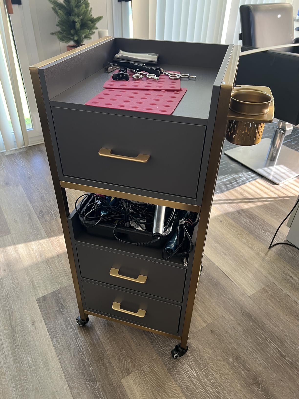 OmySalon Salon Cart with Wheels, 3-Tier Rolling Hair Styling Station, 2 Drawers & Adjustable Shelf, Hair Dryer Holder, Mobile Organizer for Salon, Barber, Spa, Nail & Beauty Tools, Black customer photo 2