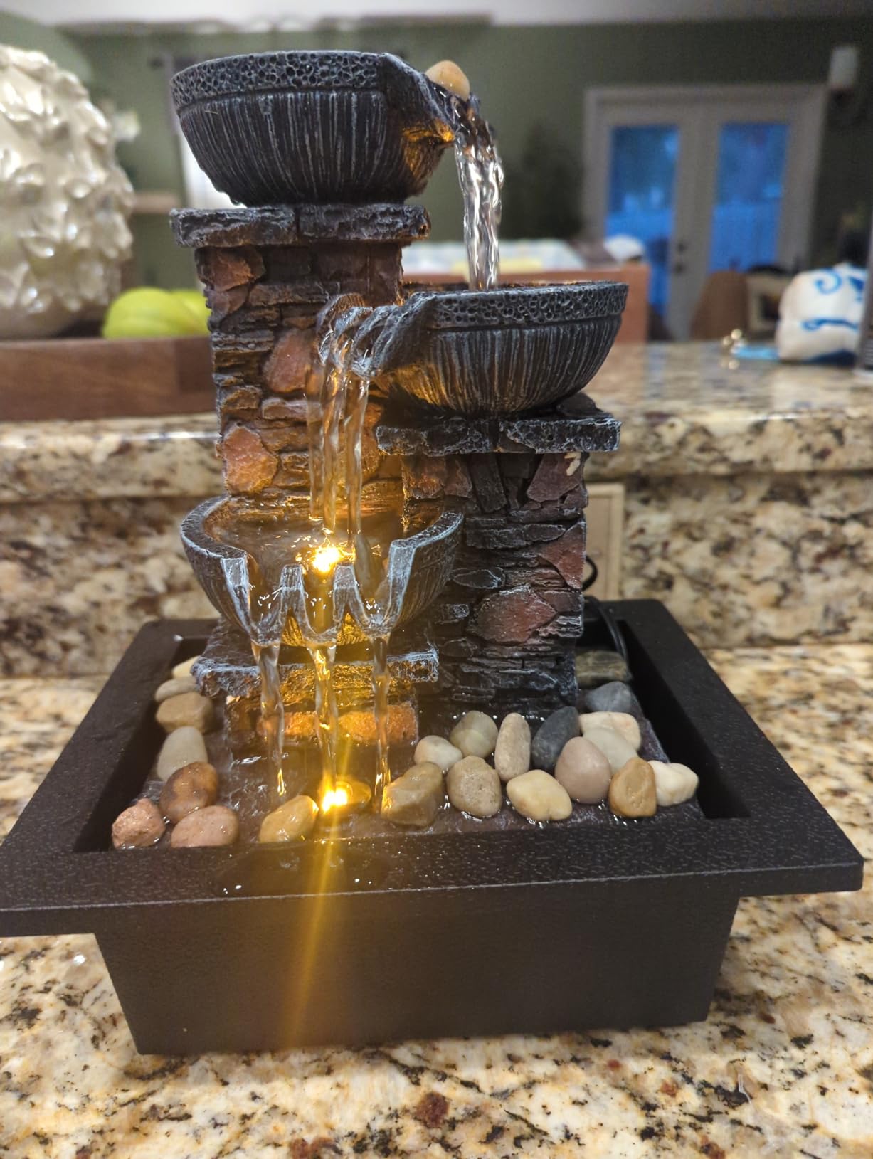 Kalona Tabletop Waterfall Fountain 3 Bowls with LED Light, Soothing Water Flow Sound, Zen Meditation Decor for Home and Office customer photo 1