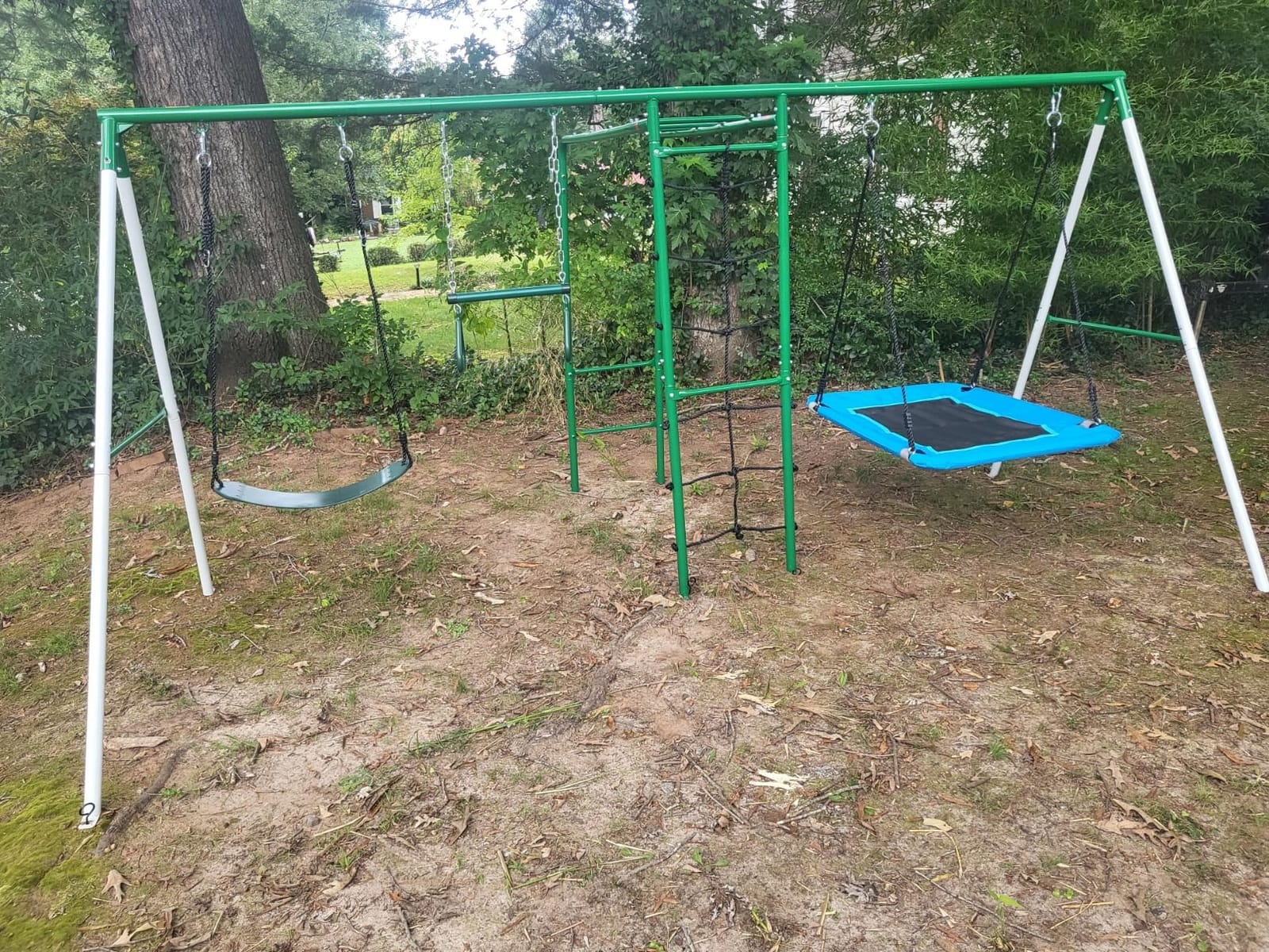 Swing Sets for Backyard with Monkey Bars, 5 in 1 Playground Set | Monkey Bars + Belt Swing + Platform Swing + Climbing Net + Trapeze Bar, ASTM Tested | CPSC Safety Compliant (White & Green) customer photo 1
