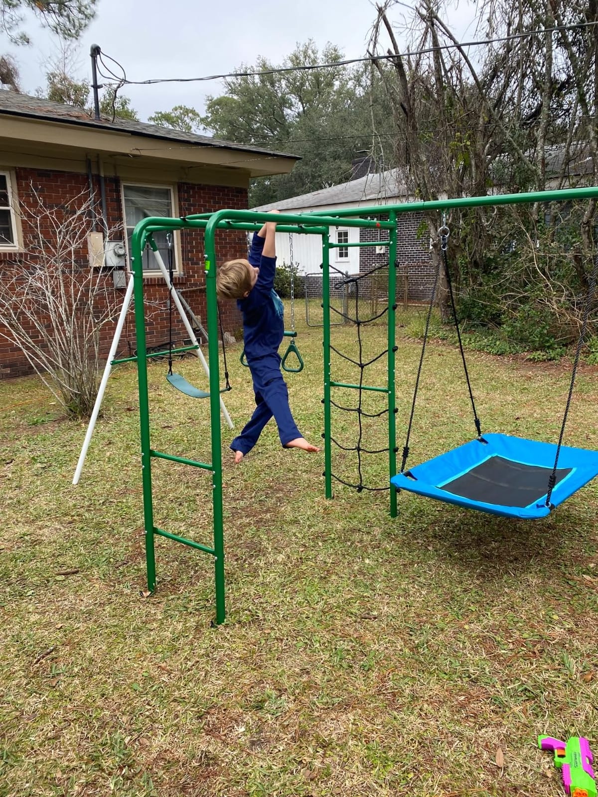 Swing Sets for Backyard with Monkey Bars, 5 in 1 Playground Set | Monkey Bars + Belt Swing + Platform Swing + Climbing Net + Trapeze Bar, ASTM Tested | CPSC Safety Compliant (White & Green) customer photo 2