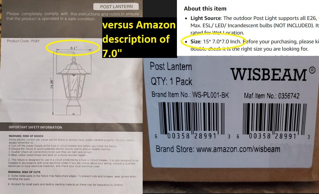 WISBEAM 2 Packs Outdoor Post Light, Pole Lantern, E26 Base 60W Max, Aluminum Housing Plus Glass, Wet Location Rated, ETL Qualified, Bulbs not Included, Black customer photo 1