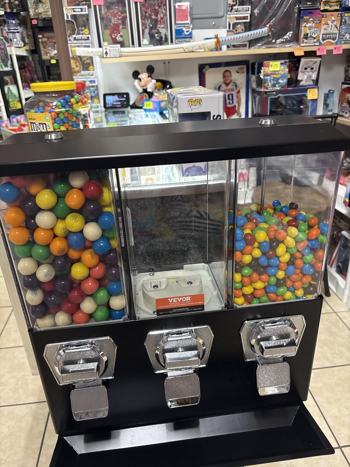 VEVOR Commercial Vending Machine, Triple Compartment Candy Dispenser with Iron Stand, Gumball and Candy Machine for Business, Coin Operated Gumball Bank for Toy Capsules Bouncy Balls Candy Nut, Black customer photo 1