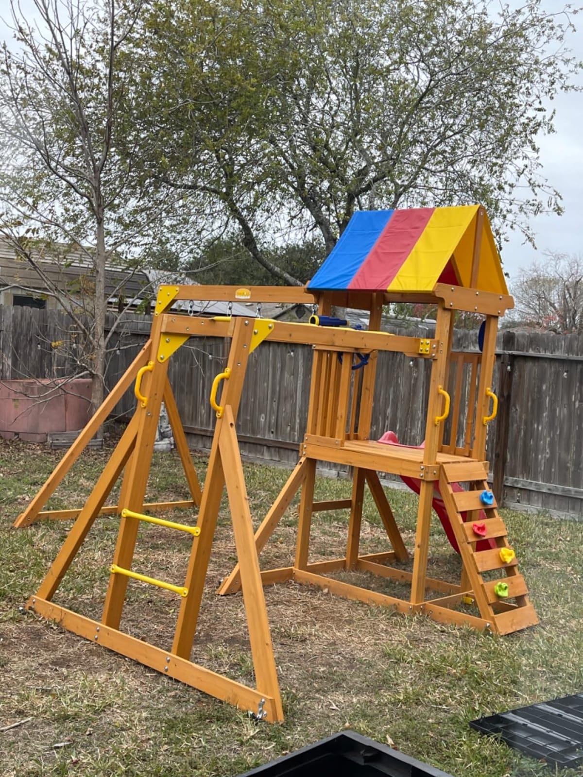 Wooden Swing Sets for Backyard | Outdoor Playground Set with Monkey Bars, Wave Slide, 2 Belt Swings, Climbing Ladder, Rock Wall, Play Deck with Canopy customer photo 1