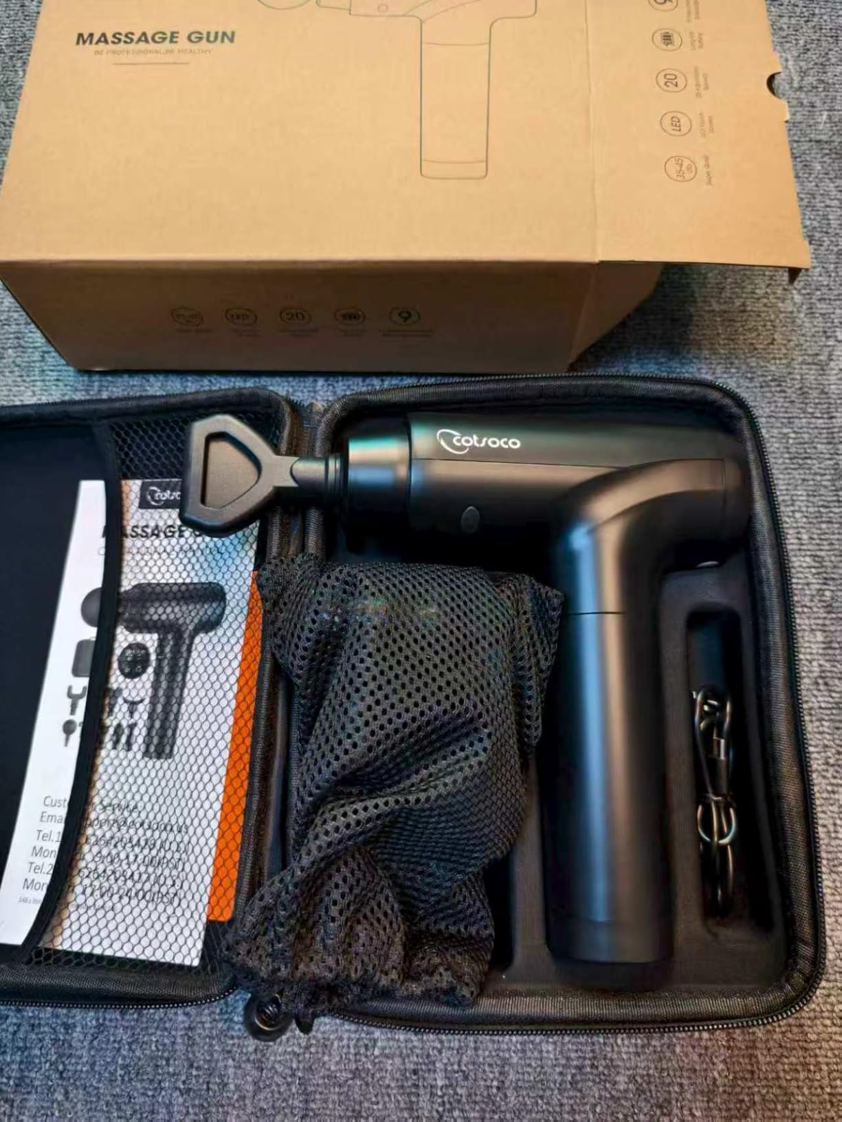cotsoco Massage Gun Deep Tissue, Muscle Massage Gun with 9 Attachment Heads 20 Speeds & Silent Brushless Motor for Pain Relief, Handheld Percussion Back Massager Gun, Ideal Gift for Mom/Dad(Black) customer photo 2