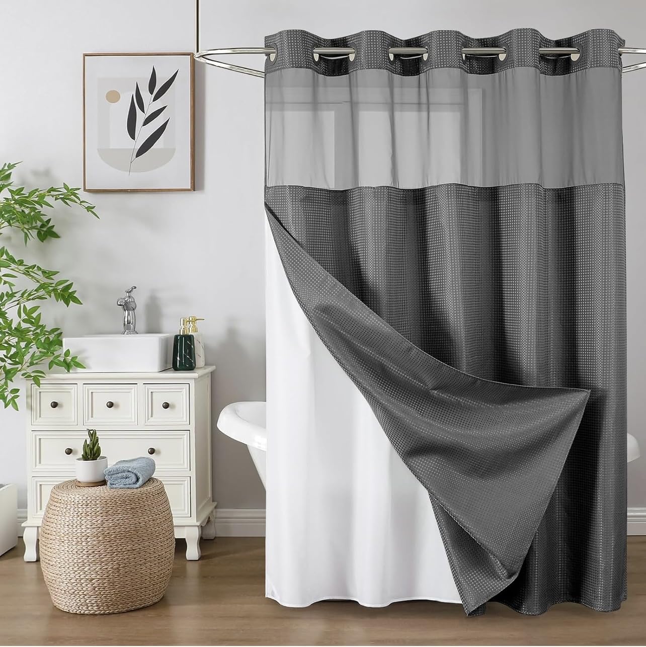 Colorful Star Waffle Weave No Hook Shower Curtain Set, 72 x 75 Inch, Grey | Heavy Duty Thick Shower Curtain Sets with Snap in Fabric Liner and Mesh Top Window, Hotel Style Waterproof Bathroom Curtain customer photo 1
