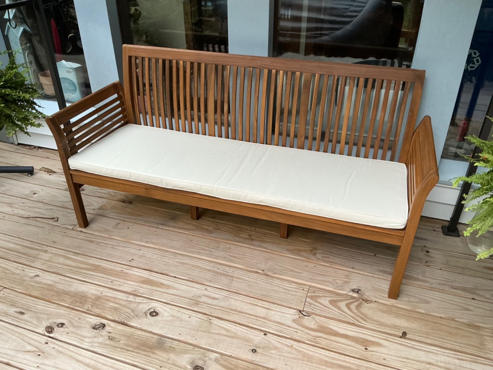 RELAX4LIFE 62.5'' Outdoor Bench Acacia Wood - 3-Person Patio Bench w/Backrest, Armrests & Removable Seat Cushion, Slatted Wooden Garden Bench for Front Porch Park Backyard, 1200 LBS Weight Capacity customer photo 2
