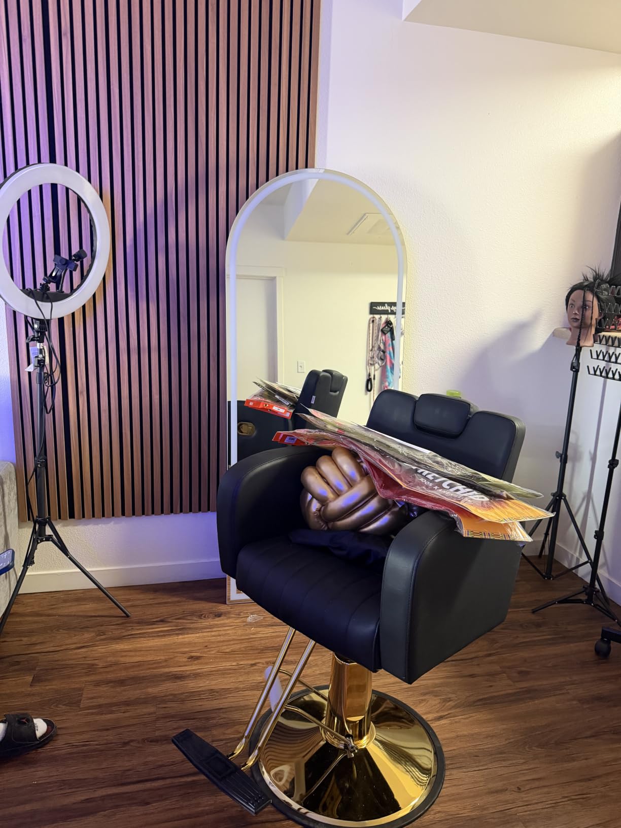 Ergonomic Gray and Gold Salon Chair with Comfortable Thickened Cushions, Heavy Duty Reclining Stylist Chair for Hair braiding, Extensions, Tattooing, Weight Capacity 440 lbs customer photo 2