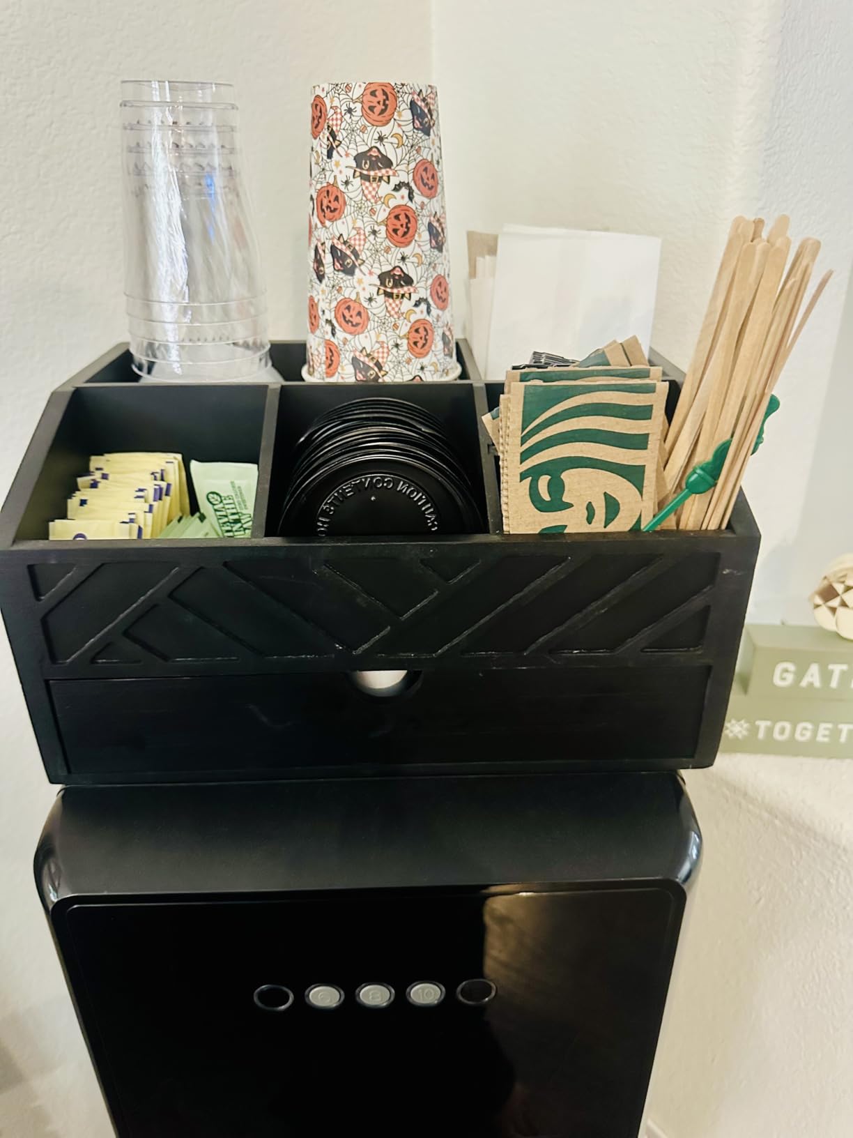 Coffee Bar Organizer with Drawer, Coffee Station Organizer for Countertop, Wood Coffee Bar Accessories Organizer for Coffee Bar Decor, Farmhouse Coffee Cup Pod Holder Condiment Organizer(White) customer photo 2