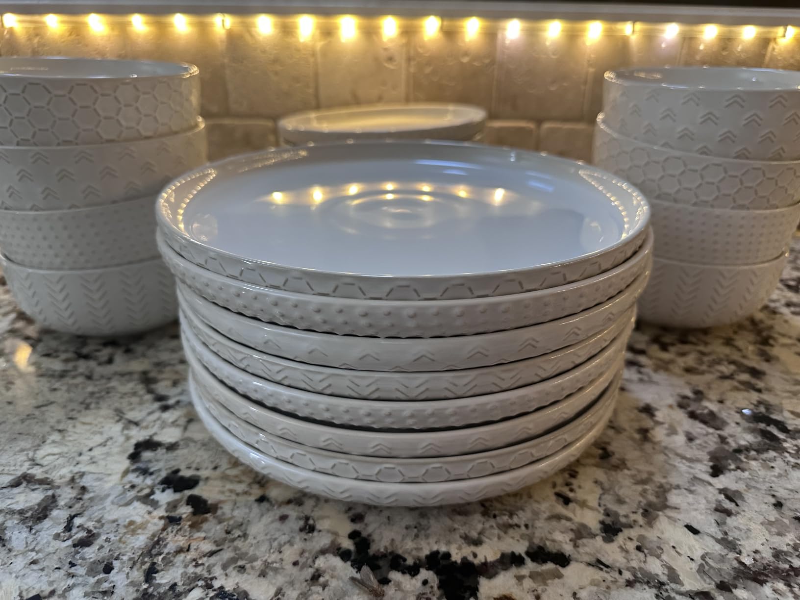 Stoneware Dinnerware Sets Service for 4, 12 pcs Reactive Glaze Plates and Bowls Sets, Embossed Boho Ceramic Dish Set, Highly Chip and Crack Resistant Farmhouse Plate Set, Ivory White customer photo 1