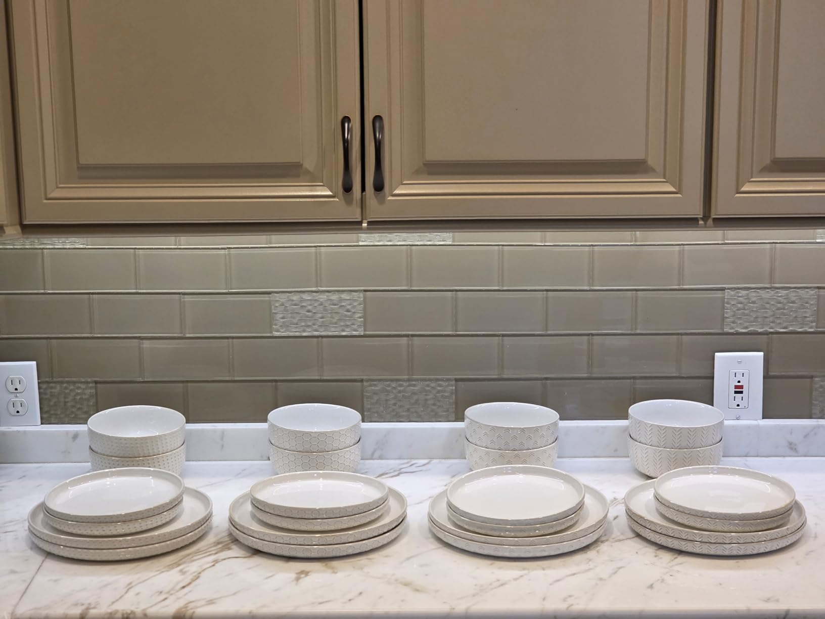 Stoneware Dinnerware Sets Service for 4, 12 pcs Reactive Glaze Plates and Bowls Sets, Embossed Boho Ceramic Dish Set, Highly Chip and Crack Resistant Farmhouse Plate Set, Ivory White customer photo 2
