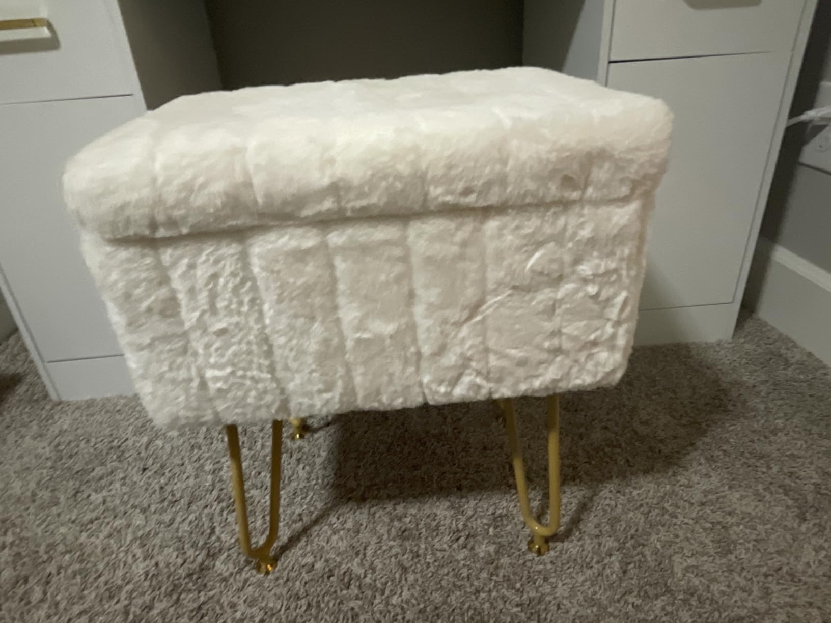 Sweetcrispy Vanity Stool Chair with Storage, Ottoman Faux Fur Soft Padded Makeup Footstools Seat with 4 Metal Legs Anti-Slip Adjustable Feet Modern Cute Small Footrest for Home Entryway Bedroom White customer photo 1