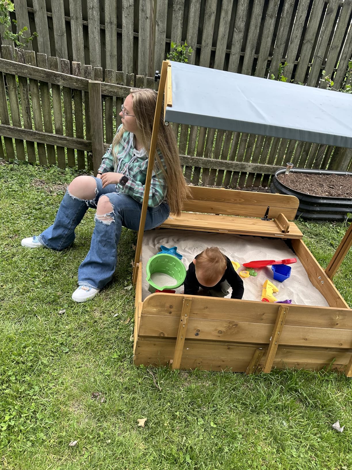 PetsCosset Wooden Sandbox with Lid for Kids, 47x47in, with Foldable Benches, Canopy Outdoor, Covers Foldable Bench Seats for Backyard, UV-Resistant & Adjustable Canopy Roof, Gift for Backyard Ages 2-8 customer photo 2